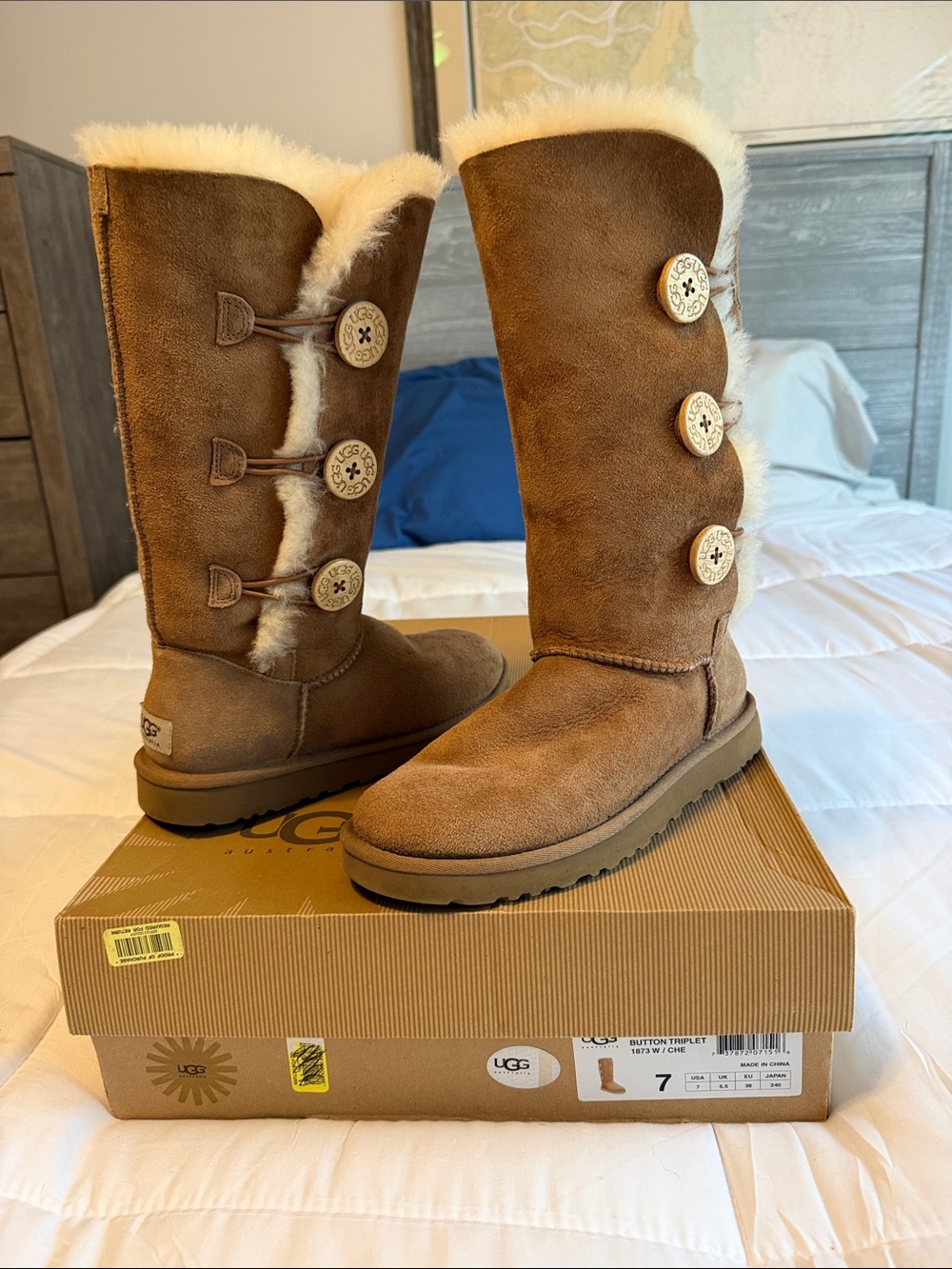 UGG Chestnut Triple Button Tall Suede Boots with Shearling Trim